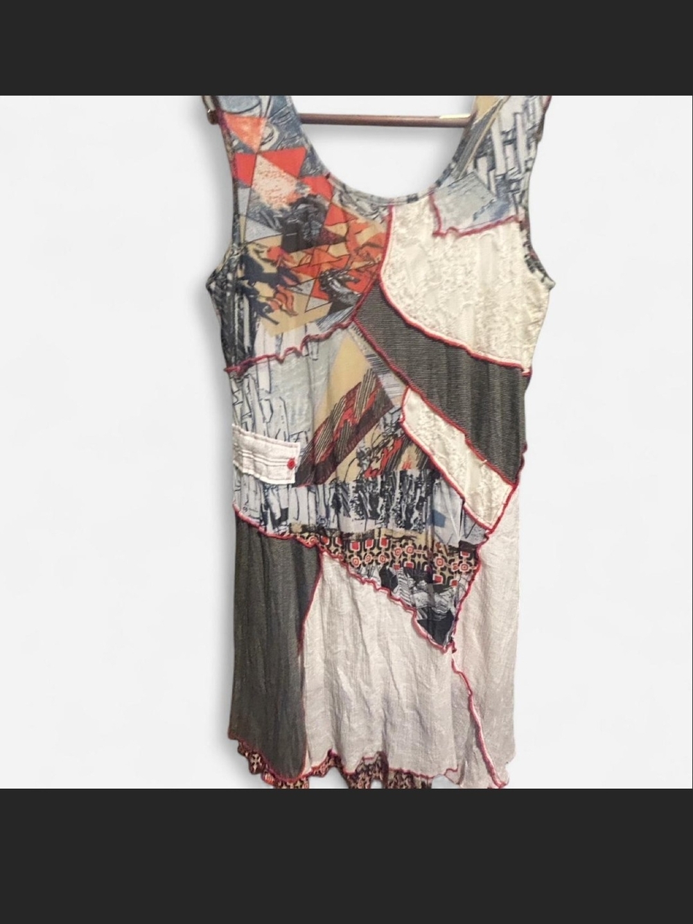 Vintage Patchwork Mini Dress in Cream, Gray & Red Accents